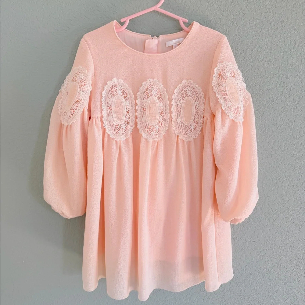 Chloé Embroidered Pink Balloon Sleeve Dress - Picture 1 of 6